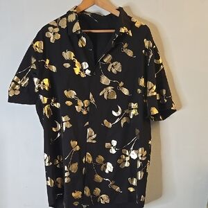 Black Shirt with Gold Floral Print - Men's Casual Button-Up